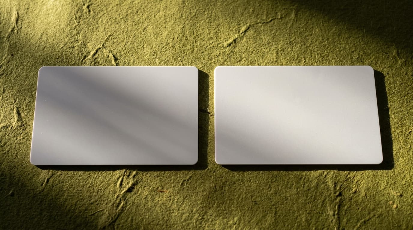 Deux cartes de paiement posées côte à côte sur un comptoir sombre